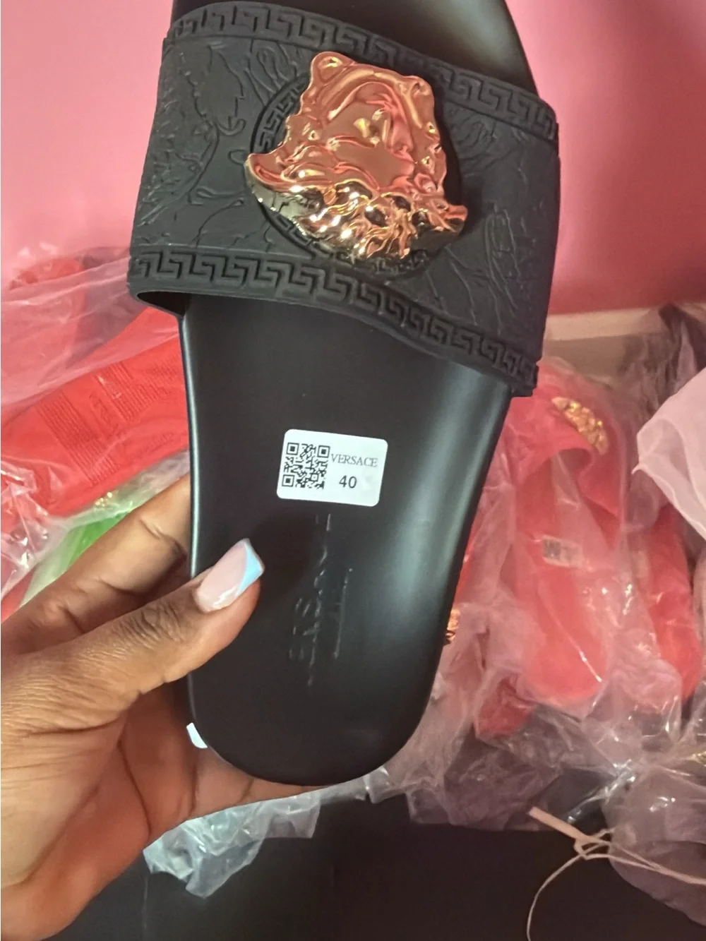 Versace White Strap Black Footbed Gold Medusa Slide